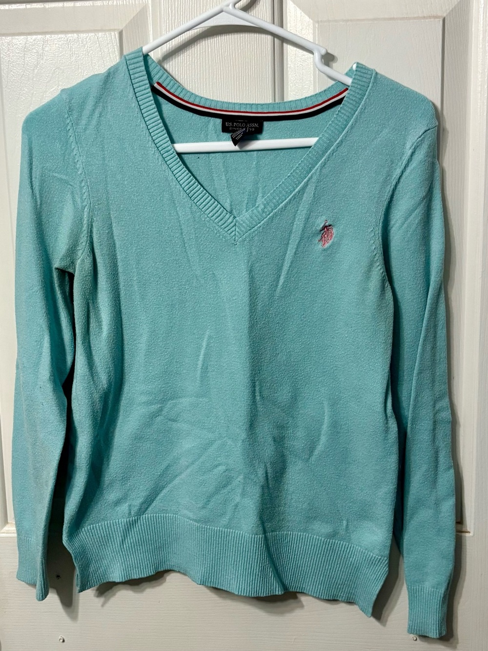 U.S. Polo Assn. Women's V-Neck Sweater in Aqua Blue